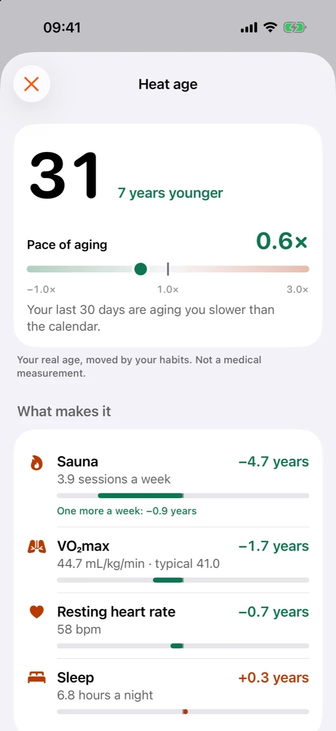 Heat age: your real age moved by your sauna, VO2max, resting heart rate and sleep, with the pace of aging