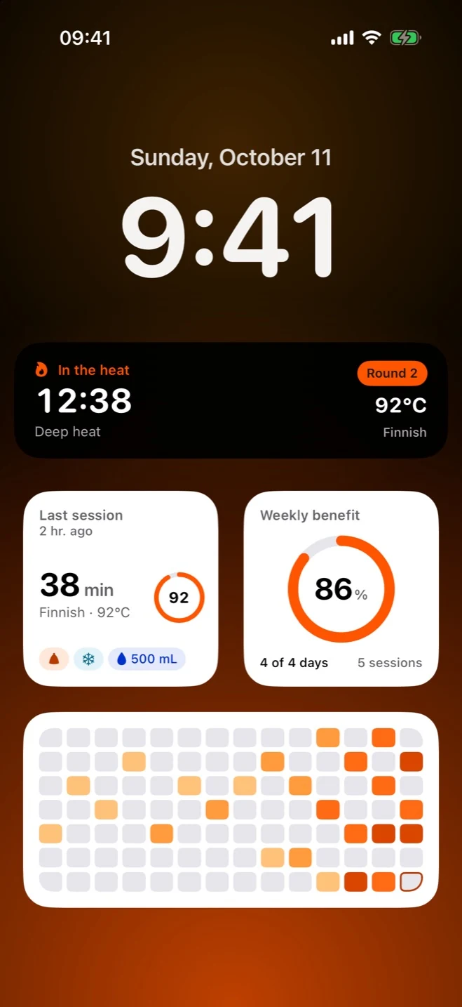 Lock Screen with the Live Activity and the Last session, Weekly benefit and Activity widgets